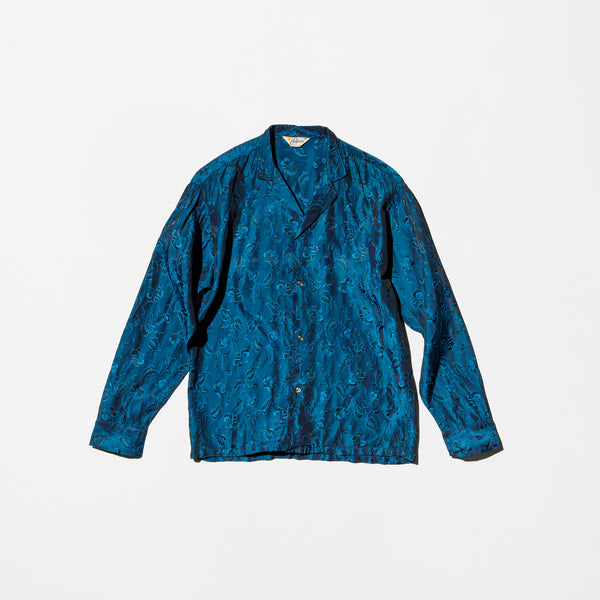 Vintage《California》Flower Jacquard Patterned Blue Silk Shirt