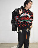 Vintage 1980s Rose & Heart Pattern Checkerboard Knit Sweater
