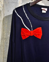 Vintage《apples》1990s “Red Ribbons” Dark Navy Sweat Shirt