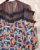Vintage 1980s《Done Feel》Dots×Abstract Patterned&Frill Pull-over Shirt