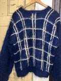 Vintage《Hand specially for you to Knitted》White Plaid Blue Mohair Cardigan