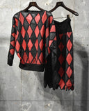 Vintage Argyle Patterned Leather  Patchwork Pull-over&Skirt Set-up