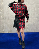 Vintage Argyle Patterned Leather  Patchwork Pull-over&Skirt Set-up