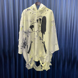 《WESTFALL》2023SS Archives  Snoppy print dirty yellow 3/4 Sleeve destroyed hoodie