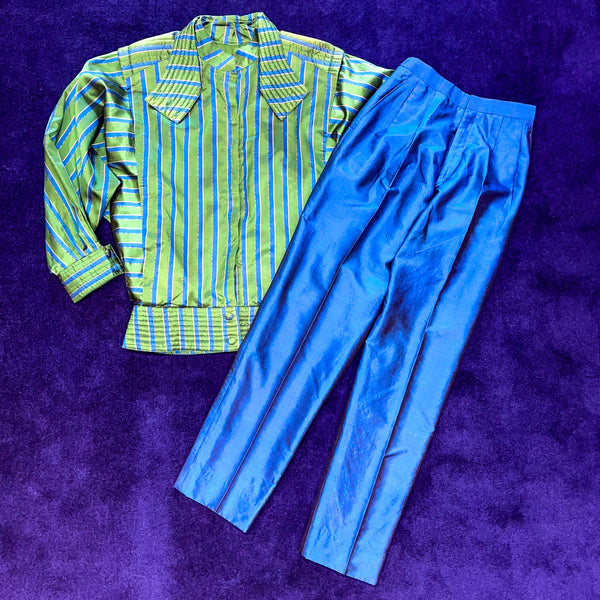 Vintage Hand Woven Silk Green & Blue Striped Technical Jacket Set-up