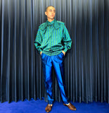 Vintage Hand Woven Silk Green & Blue Striped Technical Jacket Set-up