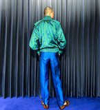 Vintage Hand Woven Silk Green & Blue Striped Technical Jacket Set-up