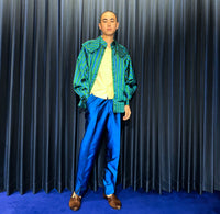 Vintage Hand Woven Silk Green & Blue Striped Technical Jacket Set-up