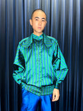 Vintage Hand Woven Silk Green & Blue Striped Technical Jacket Set-up