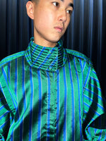 Vintage Hand Woven Silk Green & Blue Striped Technical Jacket Set-up