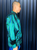 Vintage Hand Woven Silk Green & Blue Striped Technical Jacket Set-up