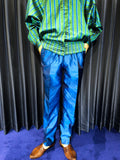 Vintage Hand Woven Silk Green & Blue Striped Technical Jacket Set-up